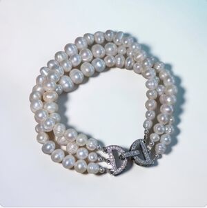 Pearl Triple-Strand Bracelet in White with Pavé Luxury Clasp